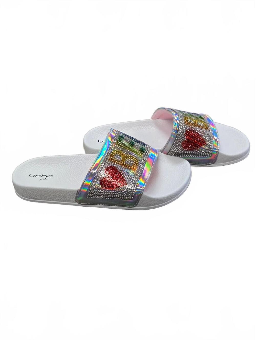 bebe Girls White Slide Sandals with Multicolor Rhinestone Logo - Picture 3 of 7